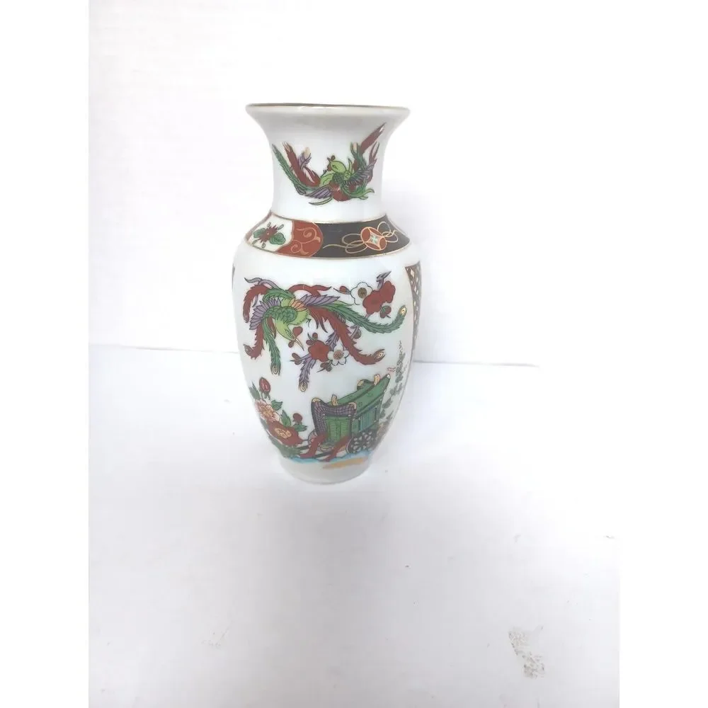 Vintage Japanese Porcelain‎ Bud Vase Phoenix Carriage Gilt Detail White 6 Inch